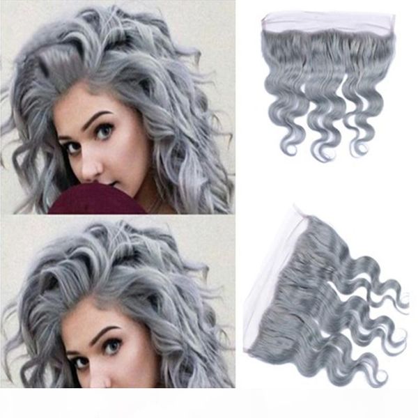 

part silver grey human hair full lace frontal closure 13x4 glueless pure grey color body wave wavy full lace frontal, Black;brown