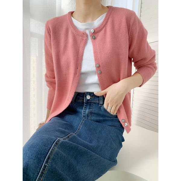 

women's knits & tees autumn o-neck lady single breasted pink sweater slim long sleeve korean style women knitted cardigan preppy delica, White