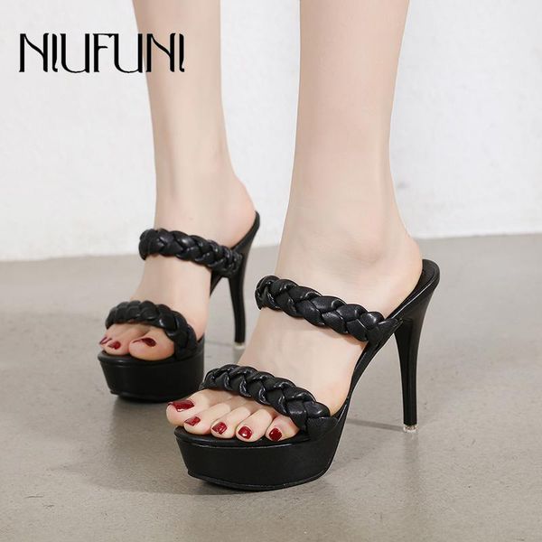

sandals niufuni stiletto high heels platform women 2021 slippers woven strap summer open toe slides for females party shoes, Black
