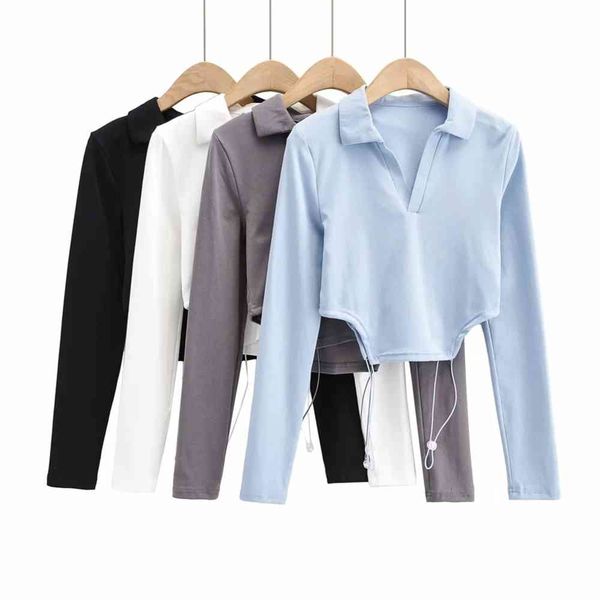 

lapel rubber drawstring autumn fashion exposed short long sleeve sweater, Black