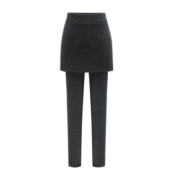 

skirts ishine winter stretch pants mini fashion pleated elastic waist women false two piece leggins knitted fabric cotton, Black