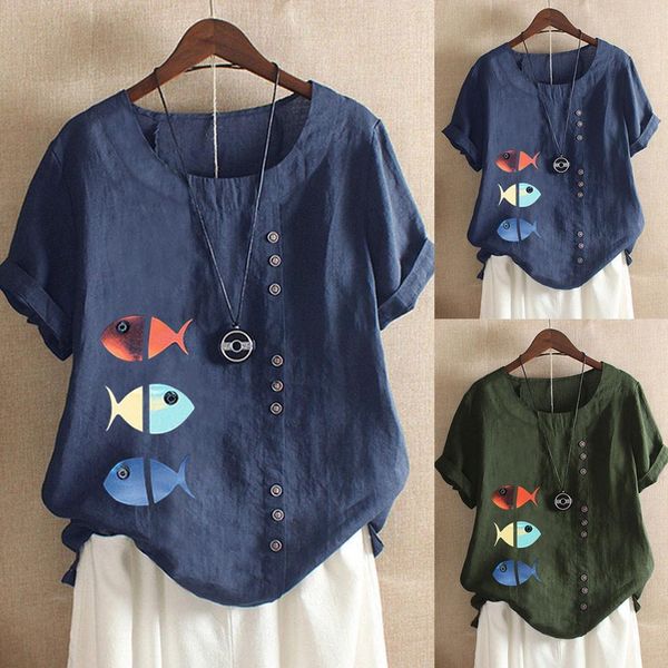 

women casual plus size o neck fish printed loose button tunic shirt blouse floral short sleeve blusa feminina, White