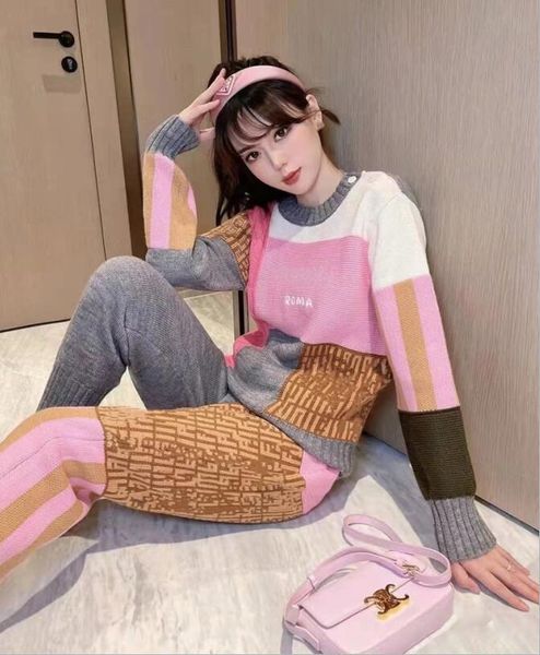

new women's two piece pants leisure sports knitted suit splicing long sleeves pullover jacket high waist trousers women slim 2pcs sweat, White