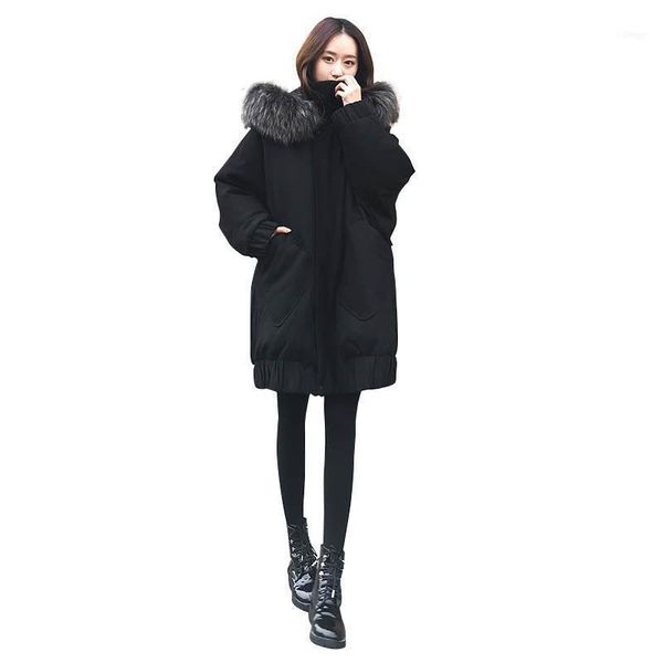 

women's down & parkas winter jacket big fur thick slim long coat fashion zipper hooded female outerwear nw23431, Black