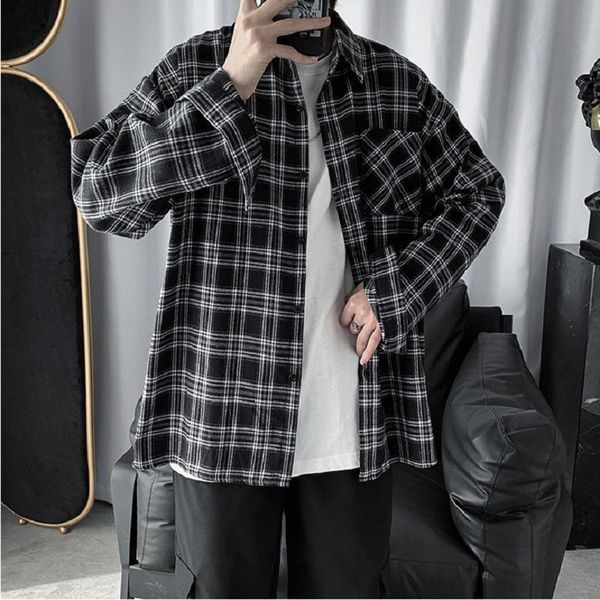 

men's casual shirts fashion plaid long-sleeved shirt loose bf jacket spring and autumn models for men women button, White;black