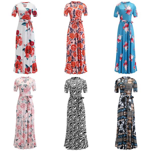 

vintage floral print short sleeve long dress summer casual slim women elegant belt bodycon party robe maxi vestidos plus size x0521, Black;gray