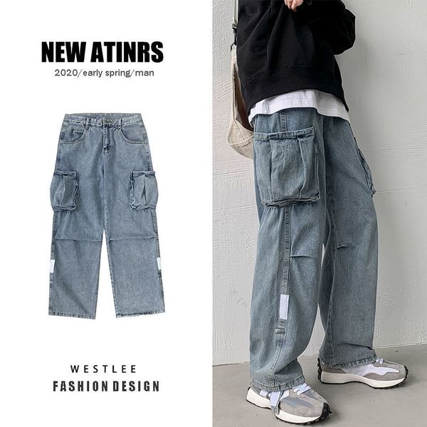 

2021 new korean wide-leg men's fashion retro casual multi-pocket jeans men streetwear loose hip-hop straight denim cargo pants mens 7ul, Blue