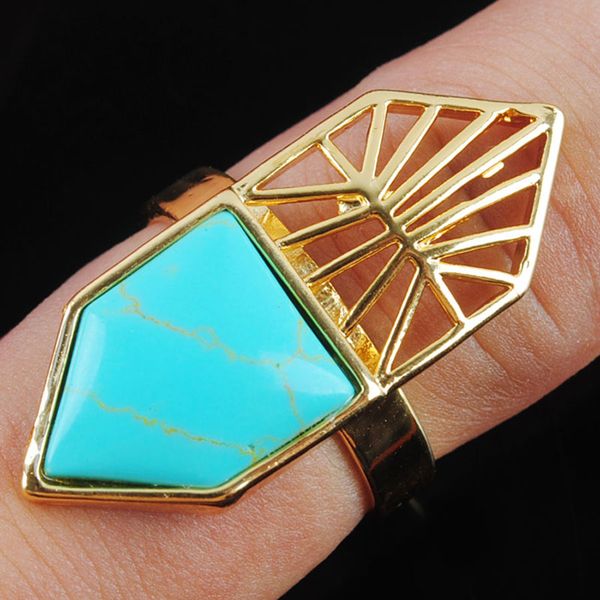 

wojiaer single natural turquoise gemstone finger ring jewelry women geometric nature stones party rings birthday gift for girls x3000, Golden;silver