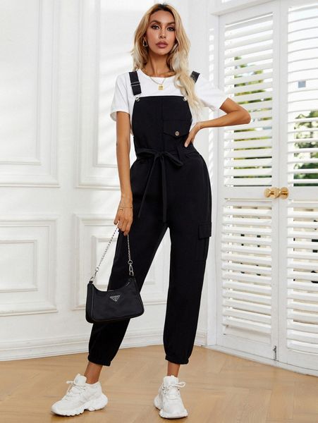

solid pocket front belted pinafore jumpsuit n2yu#, White