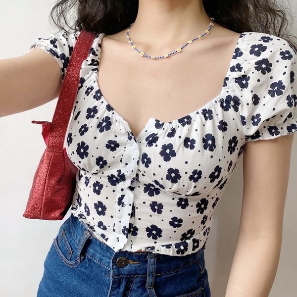 

new balck daisy blouse print flower shirt 2021 summer slash neck laced string blouses women crop for girls xpk9, White
