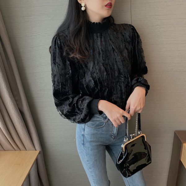 

2021 new autumn solid turtleneck lace patchwork veet loose lantern sleeve jacket women shirts blouses 2l0z, White;black