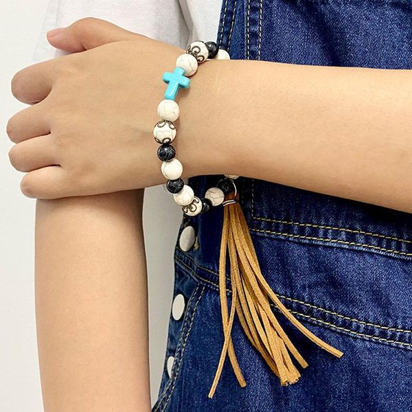 

beaded, strands 2021 handmade boho stretch mixed natural stone beads turquoise cross macrame bracelet with leather tassel for women jewelry, Black