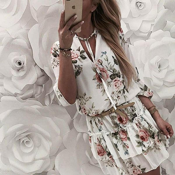 

vintage womens wrap summer v neck boho floral print dress elegant ladies holiday beach mini sundress plus size, Black;gray