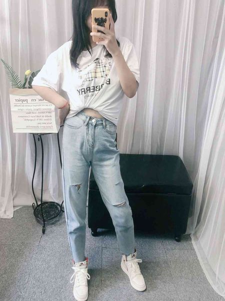 

jeans f3912-wind women's clothing summer 2021 high waisted and thin pierced burred, Blue