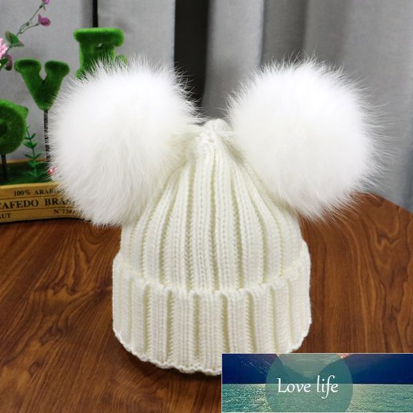 

winter baby knit hat with two natural pompoms boy girls natural fur beanie kids caps double real fur pom pom hat for children factory price, Blue;gray