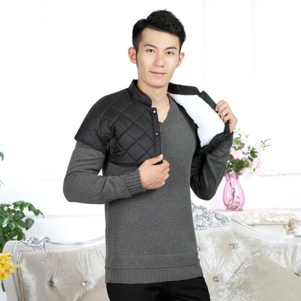 

men's vests winter men warm thicken fleece lining short shoulder padded black red stand collar thermal lightweight bolero waistcoat, Black;white