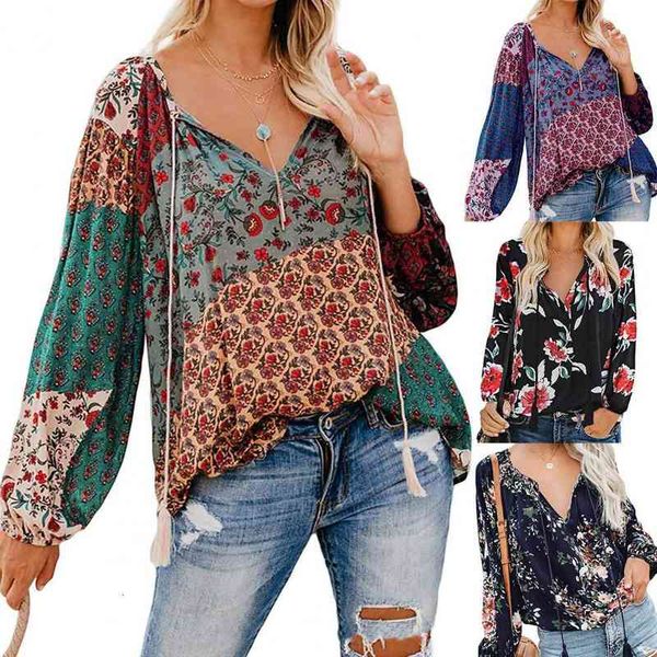 

v neck good workmanship loose v neck floral women for daily wear, White