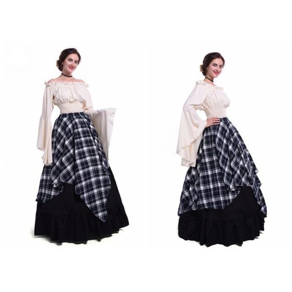 

women retro gothic long dress medieval high waist ruffle irregular splicing dresses renaissance party cosplay costume plus size, Silver