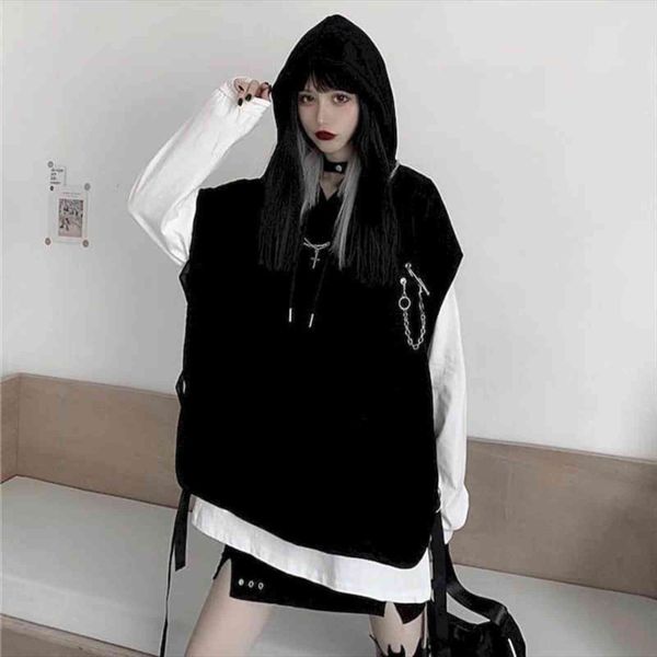 

sleeveless hooded jacket autumn korean women sweatshirt version of ins retro personality dark function style, Black
