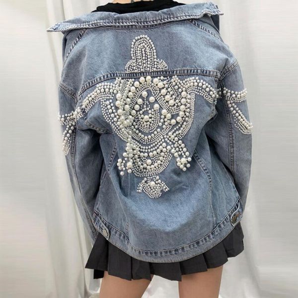 

women's jackets ayualin pearl pattern denim jacket for women 2021 vintage loose coat long sleeve spring autumn outerwear female boho, Black;brown