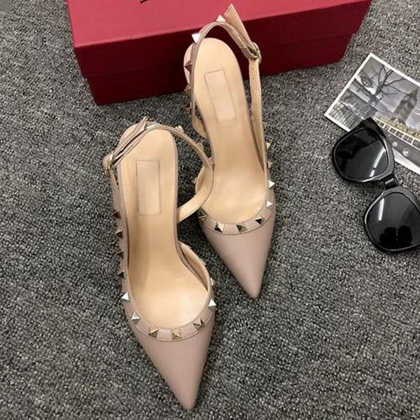 

fashion designer pointed toe with studs high heels genuine leather rivets sandals women studded strappy dress shoes slingbacks pumps, Black