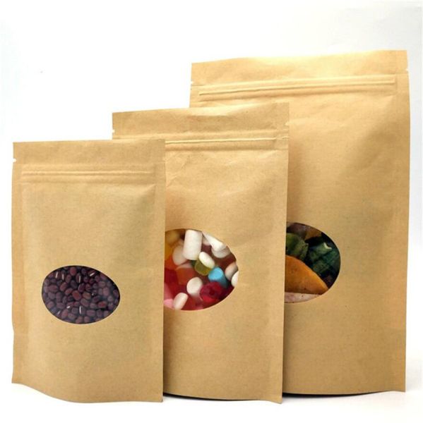 Bolsas de papel kraft stand-up alimento reutilizável bolsas de frutas pacote de presente de chá levanta sacos com janela transparente