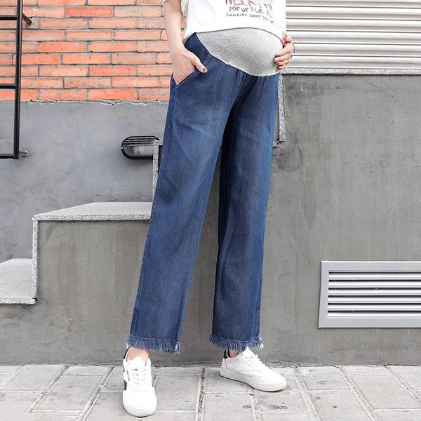 

maternity bottoms wide-legged pants tassel leg opening pregnancy jeans high waist plus size clothes for wear pregnant t2133, White
