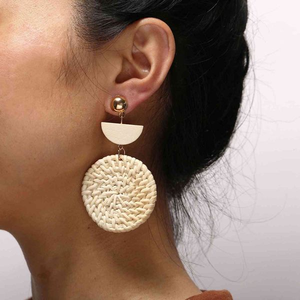 

ear accessories woven round wooden earrings straw beige earrings, Golden