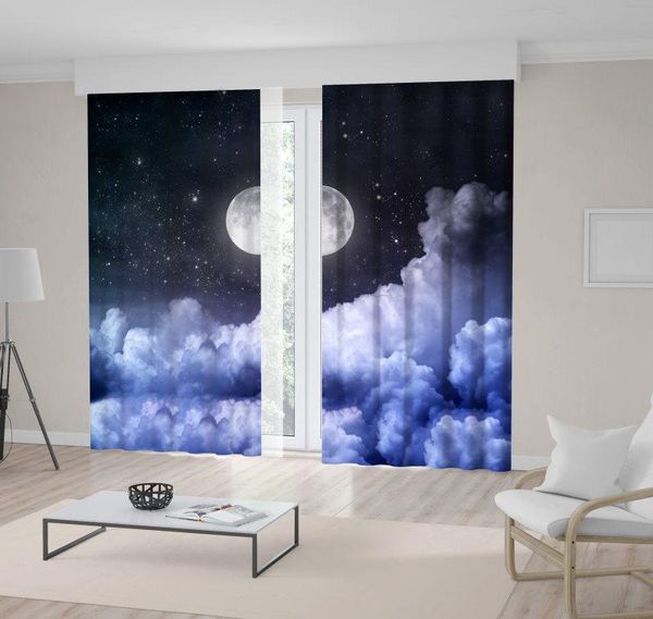 

curtain & drapes cloudy night sky with full moon and stars magical nature romantic scenery printed gray blue