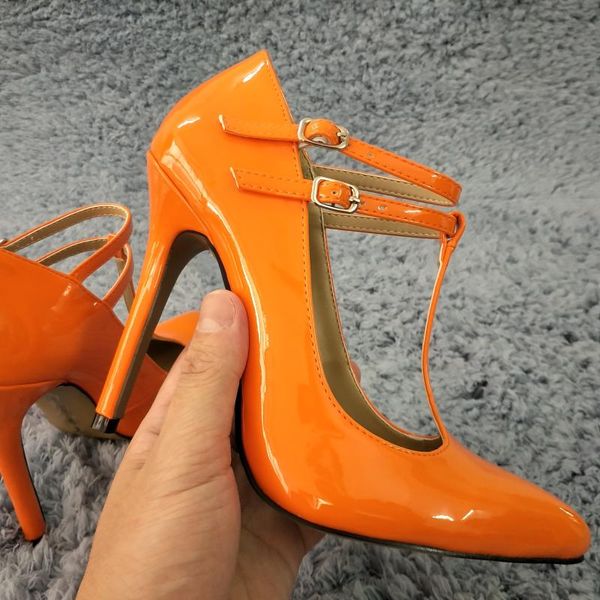 

dress shoes orange patent pumps high heel party women spring summer pointed toe buckle t-strap stiletto 12cm heels, Black