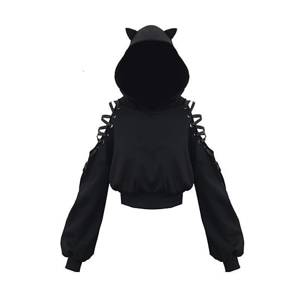 

black gothic crop women hoodies and sweatshirt off shoulder lace up hooded pullover cat ears short style tracksuit female