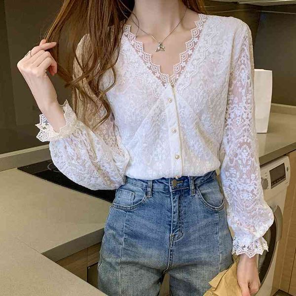 

verhellen autumn fashion women lace blouse all-match v-neck hook flower embroidery hollow long-sleeved blouse female 210706, White;black