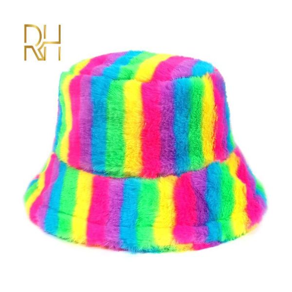 

wide brim hats 2021 plush faux fur bucket hat rainbow stripes warm fisherman cap men for women panama gorro casquette muts caps, Blue;gray