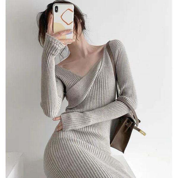 

casual dresses elegant slanted collar women sweater dress full sleeve slim waist female knitted 2021 autumn winter vestidos, Black;gray