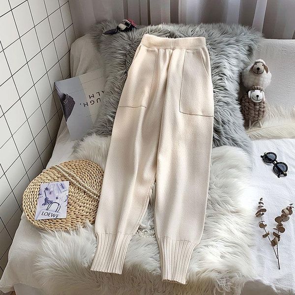 

women's pants & capris women 2021 autumn winter elastic waist drawstring trousers female thick knitted harem ladies sport swear u541, Black;white