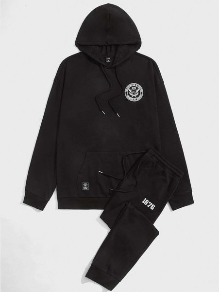 

men drawstring graphic print letter patched hoodie & sweatpants set 37u9#, Gray