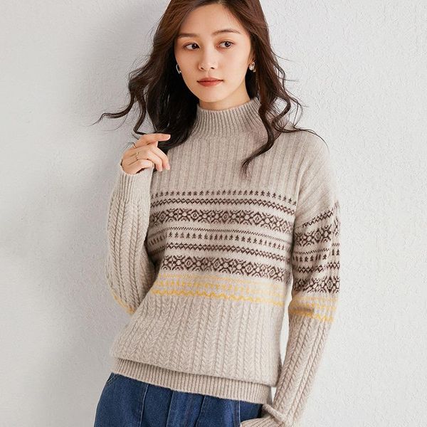 

women's sweaters sweater thick pullover loose retro jacquard half high neck knitted cashmere base fashion, White;black