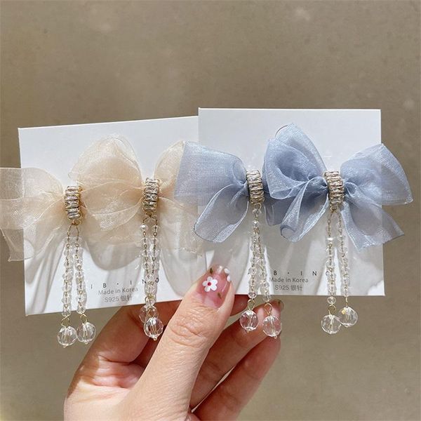 

dangle & chandelier japan and south korea chiffon bow crystal long tassel earrings for women spring summer fashion lace statement jewel, Silver