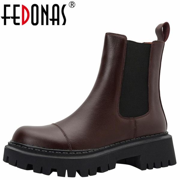 

boots fedonas retro women ankle classic round toe platforms concise working casual genuine leather shoes woman autumn winter, Black