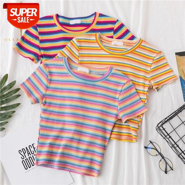 

t-shirt women cotton rainbow striped harajuku tshirt summer short sleeve navel skinny stitching korean punk crop woman #tf6m, White