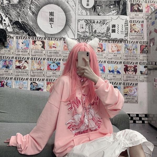 

hip hop anime hooded sweatshirt oversized kawaii hoodie streetwear women 2021 fashion korean style long sleeve print, Black
