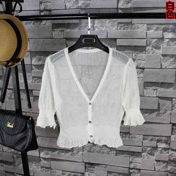 

women summer lightweight cardigans women hollow out sweater crop v neck flare sleeve cardigan with buttons, White;black