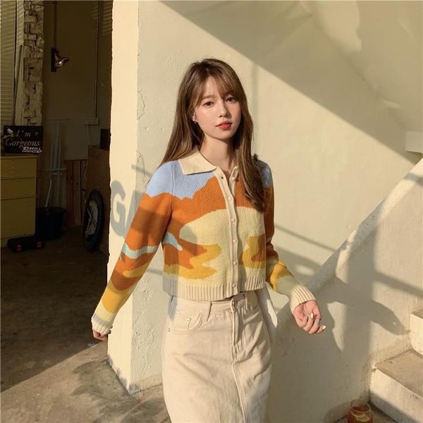 

women's knits & tees autumn style retro lapel slimming sunset oil painting contrast sweater short cardigan, White