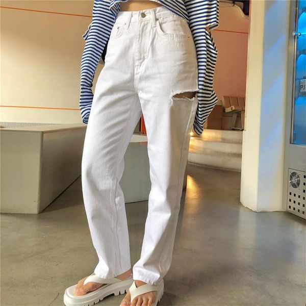 

women's pants & capris seasons skinny white ripped jeans women casual high waist long trousers distressed straight denim aspa81469, Black;white