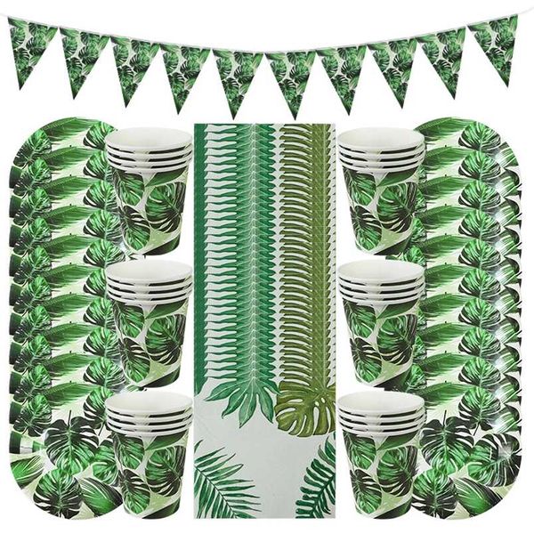 61 pz Set di stoviglie usa e getta estive Verde Piatti di carta Tazze Tovaglioli Tropical Hawaii Decorazione della festa nuziale Fornitori di prodotti 211216