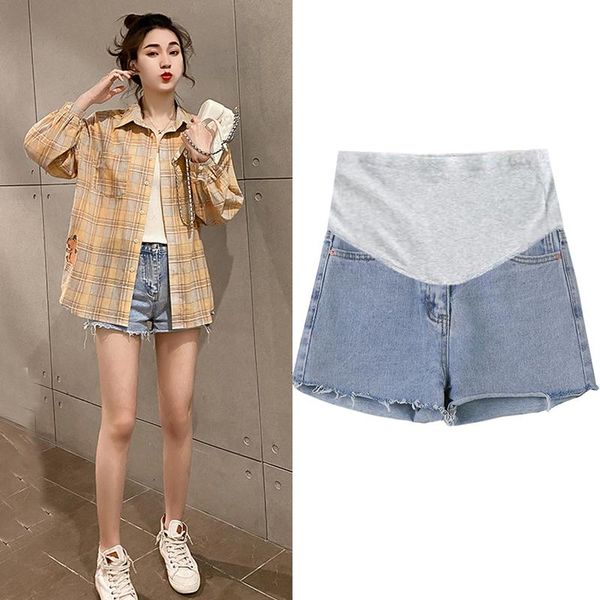 

maternity bottoms 522# summer stretch denim shorts elastic waist belly loose straight short jeans clothes for pregnant women pregnancy, White