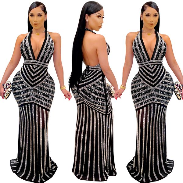 

fashion v-neck women sequins dress 2022 summer women's rhinestone design backless dresses beautiful nightclub party tight net yarn shir, White;black