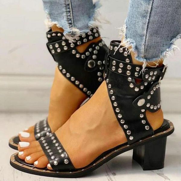

sandals summer style woman fashion ankle strap rome medium heel shoes rivets square drop, Black