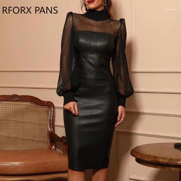 

casual dresses faux leather mesh dot midi dress women1, Black;gray