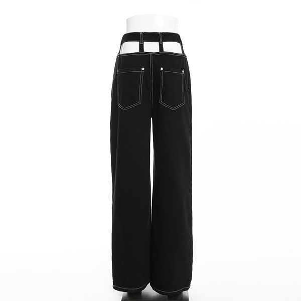 

hollow out denim wide leg pants for women low waist straight casual streetwear trousers female 2021 fashion new, Black;white